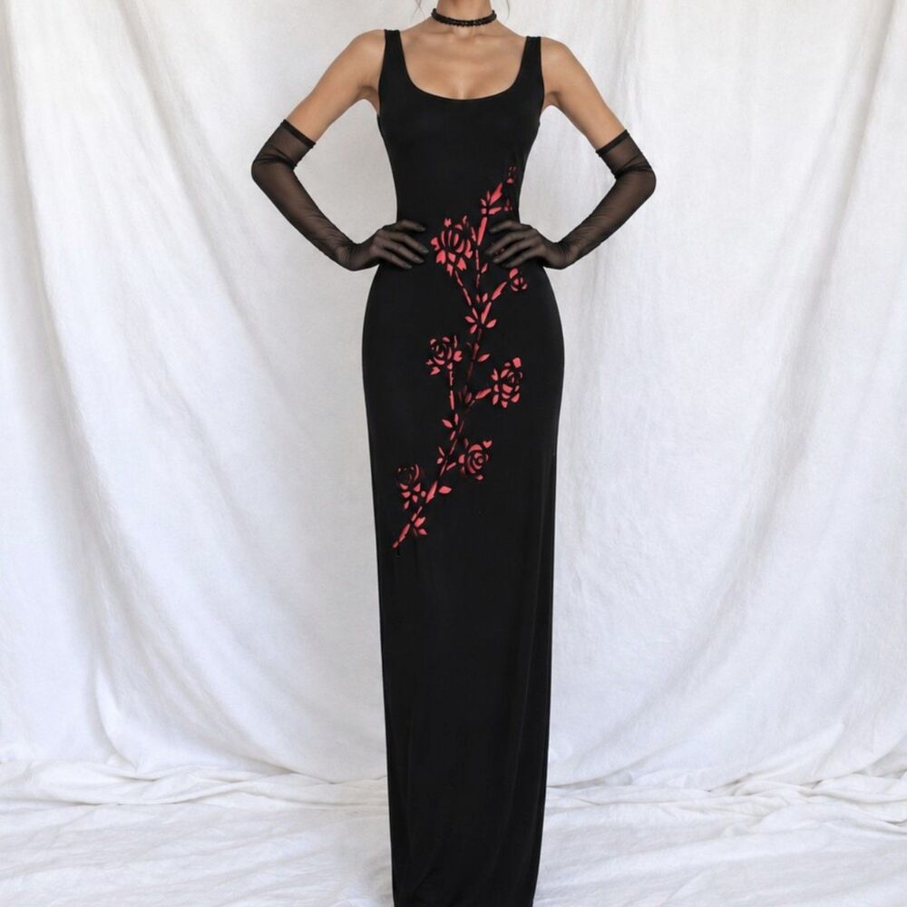 Vintage Velvet Black Red Floral Maxi Bodycon Knit Cocktail Formal Dress Size M/L